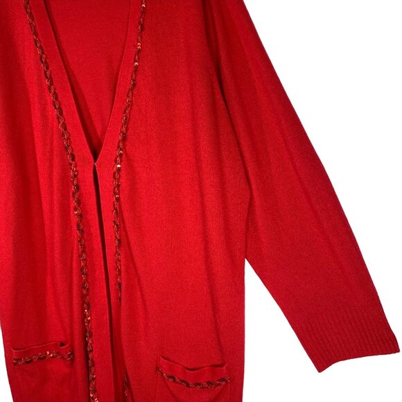 Avenue Holiday Red Cardigan Sweater Women’s Size 4X Plus Sequin Trim Open Front - Picture 8 of 15